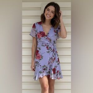All in favor Lavender Floral Flutter Sleeve Wrap Mini Dress Size Small